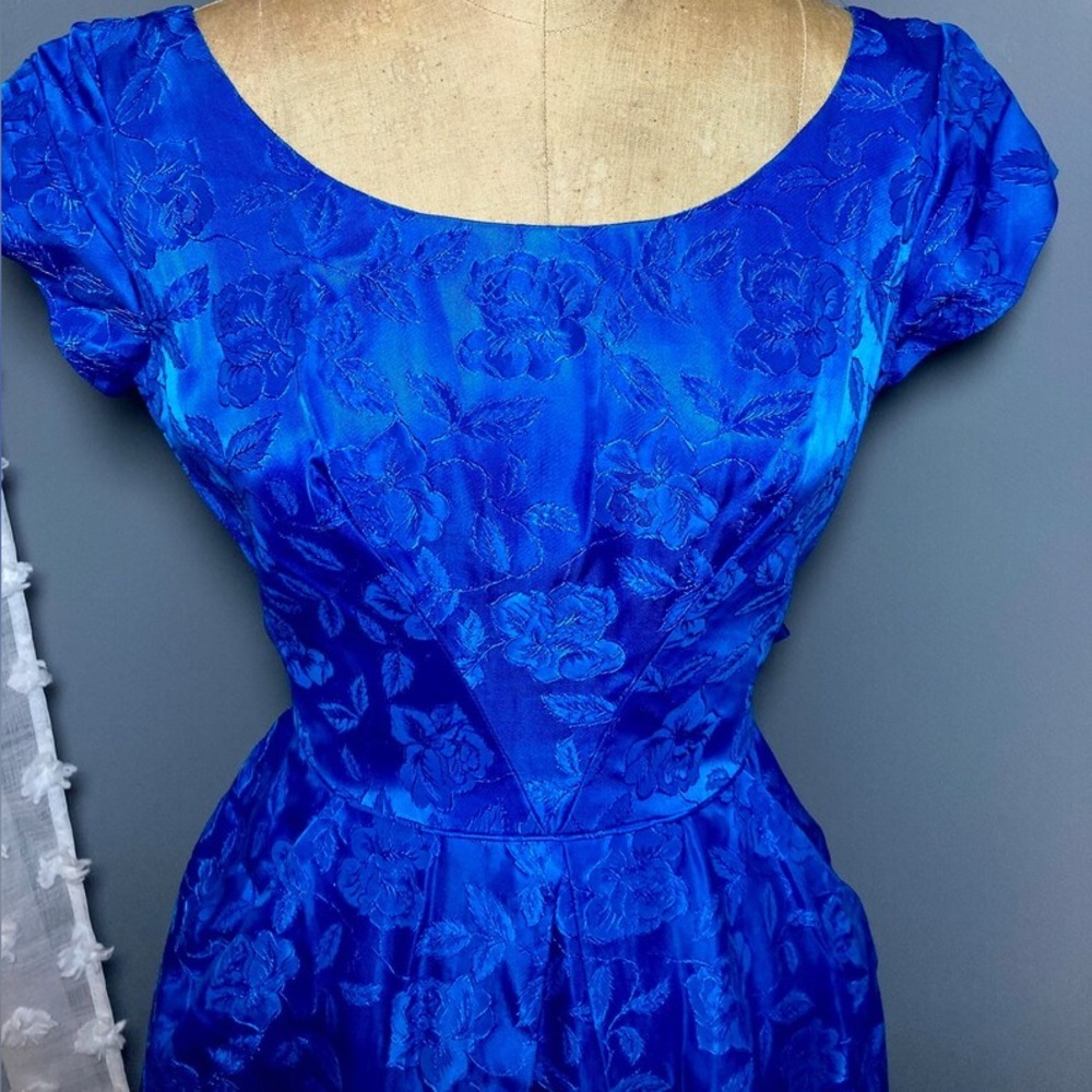 Royal blue vintage retro floral cocktail dress 50s/60 midi aline bow prom madmen - Picture 8 of 13